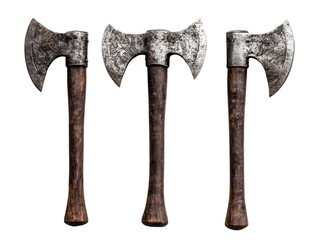 A collection of vintage double-headed axes showcasing their intricate designs and craftsmanship, perfect for collectors and enthusiasts.