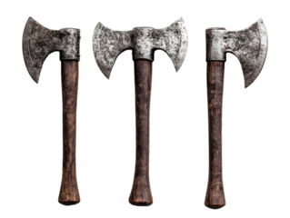 A collection of vintage double-headed axes showcasing their intricate designs and craftsmanship, perfect for collectors and enthusiasts.