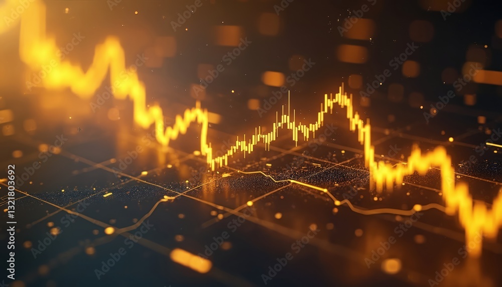 Poster Gold glowing trade chart for stock analysis against dark background. Growth data presentation for financial business, money market. Profit investment exchange graph, global economy currency price