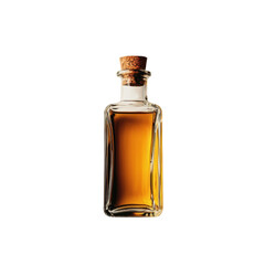 Clear Glass Bottle with Brown Liquid and Cork Stopper on White Background
