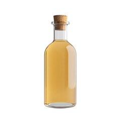 Glass Bottle with Cork Stopper Containing Yellow Liquid on White Background