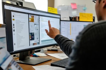 Programmer coding on a large monitor.