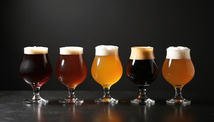 Elegant lineup of diverse craft beers showcased in glasses against dark backdrop. Each brew has unique head color. From stout to ale these beers offer rich flavors.