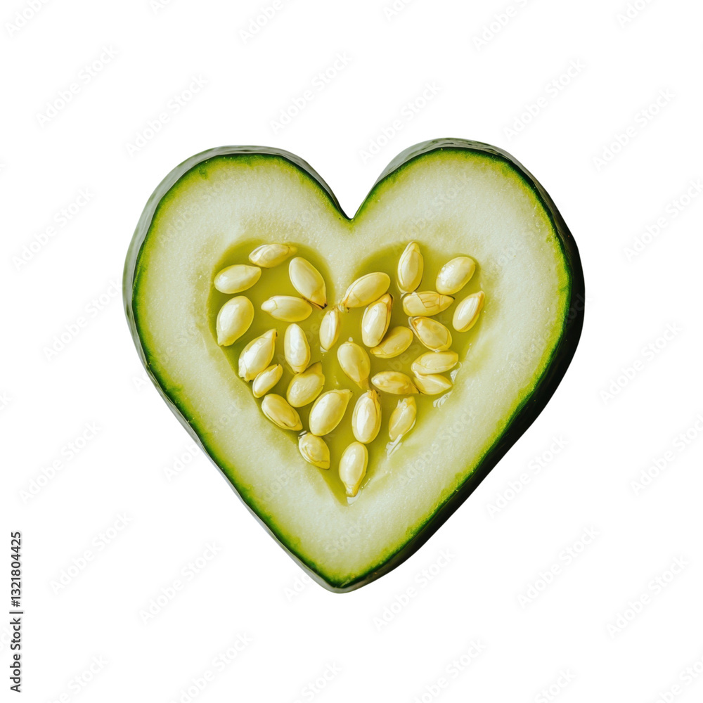 Poster freshly sliced cucumber heart shape with seeds in center