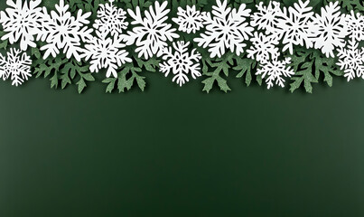 Festive winter border of white snowflakes and green glitter leaves on a dark green background, ideal for holiday cards or invitations.