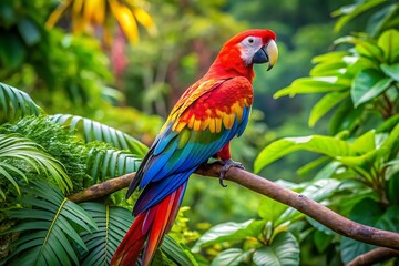 Obraz premium Scarlet Macaw Perched on a Tree Branch in the Rainforest