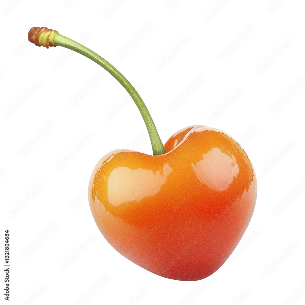 Poster a fresh cherry with stem showcasing its glossy red color and juicy appearance perfectly against a si