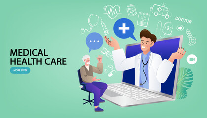 An online doctor provides a virtual consultation to a senior patient through a laptop screen. Medical icons in the background represent Telehealth services modern healthcare support for the elderly.