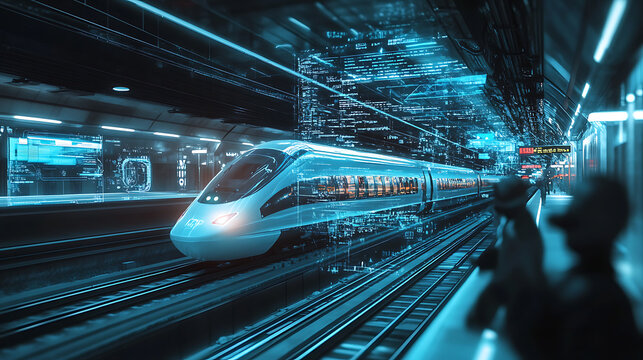 Realistic close-up animation of an observer watching a high-speed train where passengers experience time slower, demonstrating relativity with futuristic holographic overlays 