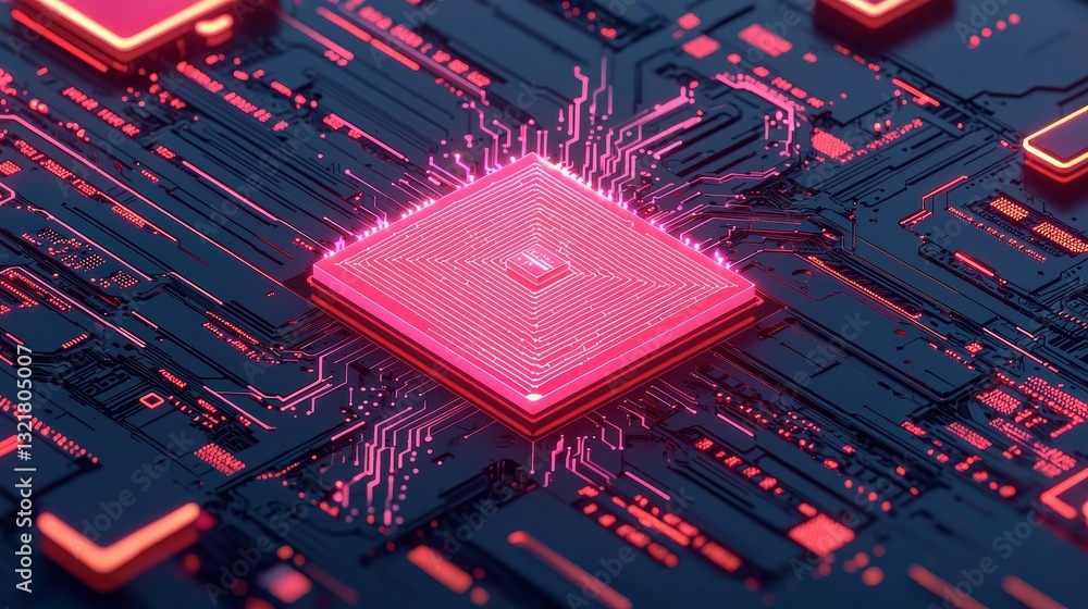 Poster futuristic circuit board with glowing pink microchip and intricate electronic pathways in a dark set