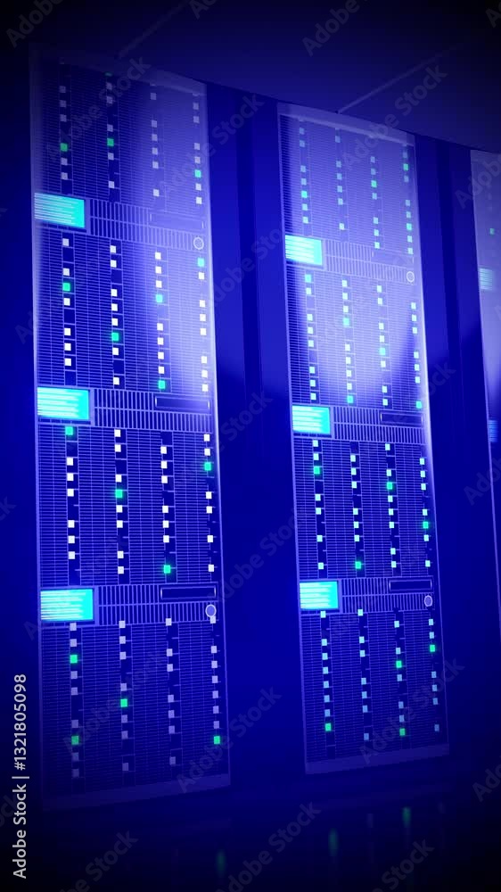 Poster server racks on both sides - storage or hosting concept - 3d 4k vertical animation with blue filter 