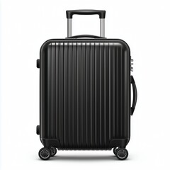 Fototapeta premium Modern black hard-shell suitcase, vertical grooves, telescopic handle, spinner wheels, isolated white, PNG-ready, professional travel mockup