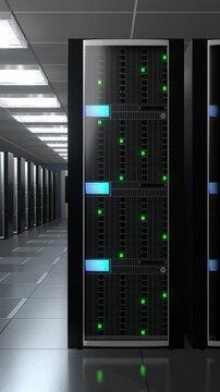 Server racks on both sides - storage or hosting concept - 3d 4k vertical animation (2160x3840 px)