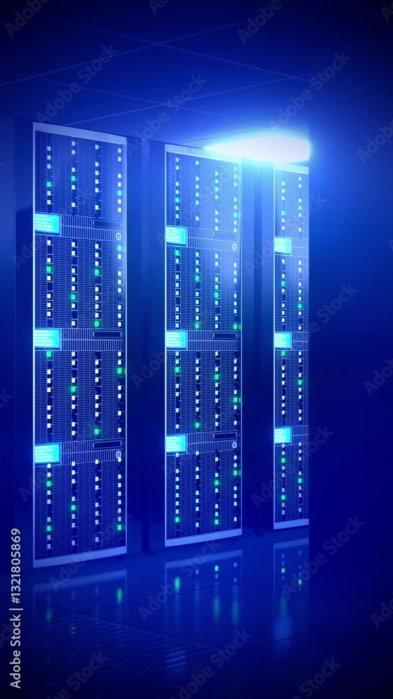 Poster server racks on both sides - storage or hosting concept - 3d 4k vertical animation with blue filter 
