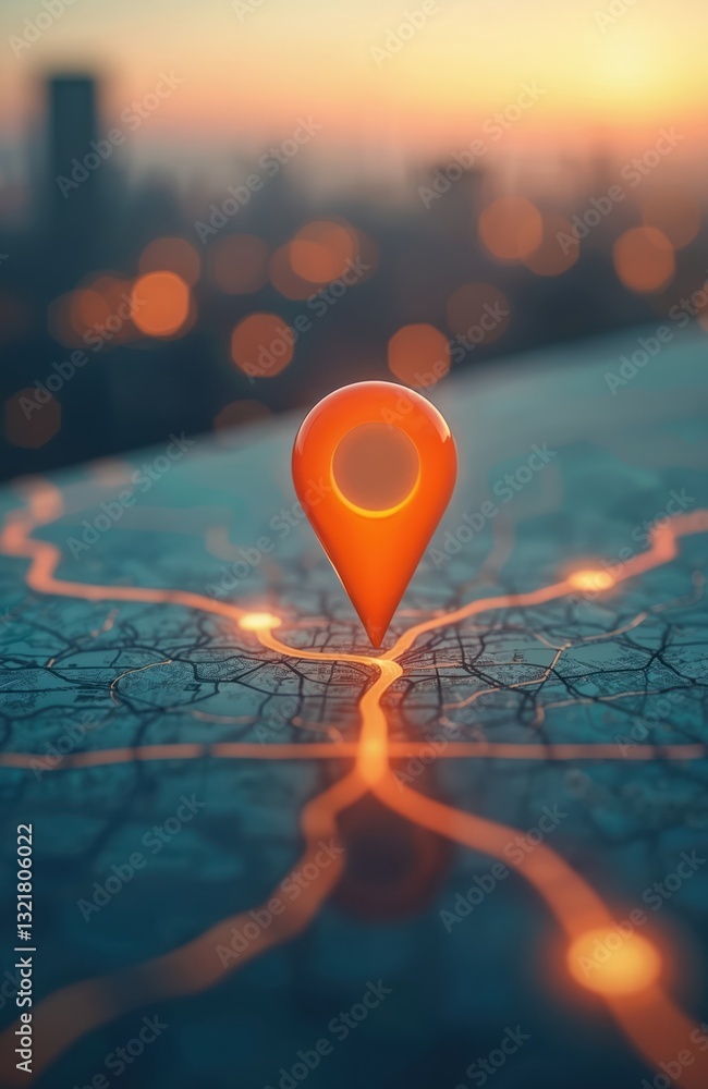 Poster orange location pin on city map with navigation routes. blurred urban background with warm sunset co