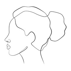 Woman head one line drawing on white isolated background, side view. Hair pulled back into a bun