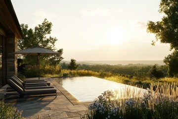 Fototapeta premium Enjoying a tranquil afternoon by a peaceful poolside, enveloped in the beauty of nature and the charm of a serene countryside setting