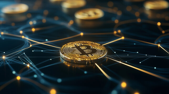 Golden blockchain coins orbiting a glowing decentralized finance network, with transparent data streams linking different financial hubs worldwide. - Powered by Adobe