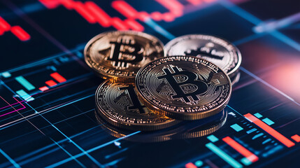 Stacks of shiny Bitcoin and Ethereum coins resting on a futuristic financial dashboard, with a rapidly changing candlestick chart behind them, representing crypto investment risks.