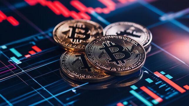 Stacks of shiny Bitcoin and Ethereum coins resting on a futuristic financial dashboard, with a rapidly changing candlestick chart behind them, representing crypto investment risks.