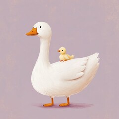 Obraz premium Minimalist, hand-painted digital illustration: white goose with chick, soft lines, lilac background, golden-brown beak/feet, Scandinavian-inspired, no outlines