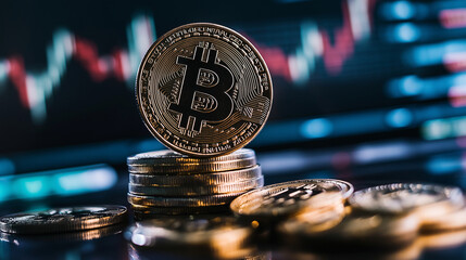 A stack of Bitcoin, Ethereum, and other digital currency coins standing tall, while a glowing market graph shows sudden crashes and spikes behind them, emphasizing market volatilit