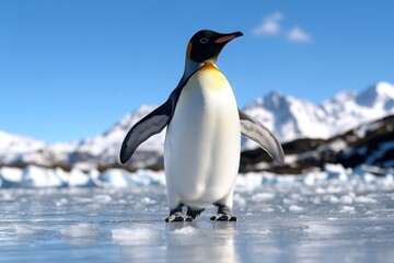 Obraz premium Emperor penguin walking on ice in antarctica with mountains in background