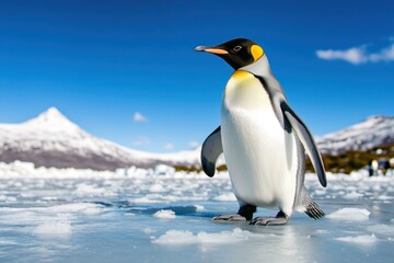 Fototapeta premium King penguin walking on ice in antarctica with snowy mountains in background