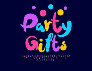 Vector Joyful template Party Gifts. Funny Colorful Font. Bright Festive Alphabet Letters and Numbers set. 