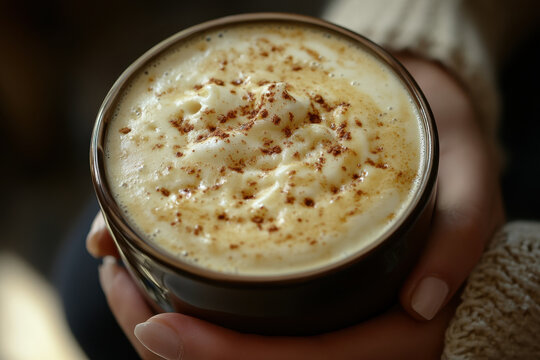 Person holding a steaming cup of coffee, standing near a window with raindrops on the glass, looking out into a gray and foggy cityscape. - Powered by Adobe
