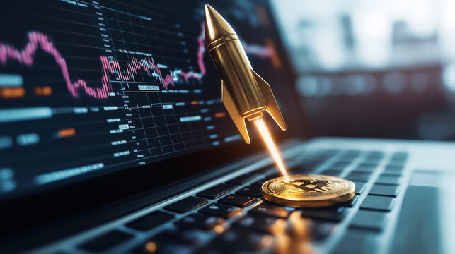 A golden crypto coin morphing into a rocket as it emerges from a laptop screen, surrounded by glowing financial graphs and blockchain symbols.