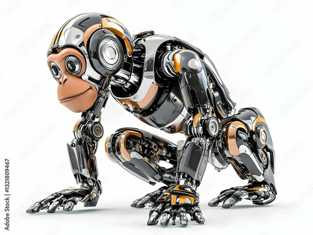 Poster a futuristic robotic monkey model showcasing advanced engineering and design, emphasizing innovation