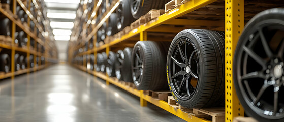 Fototapeta premium Tire warehouse storage, rows of wheels (1)