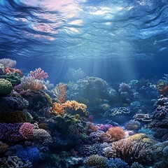 Obraz premium Exploring vibrant coral reefs underwater ocean photography marine environment wide-angle view biodiversity conservation