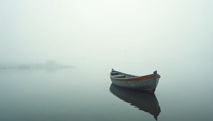 Naklejka premium Old boat on calm river in dense fog. Wooden fishing boat anchored on lake. Landscape of small vessel, misty waters, tranquil scene of morning nature, serene reflection.