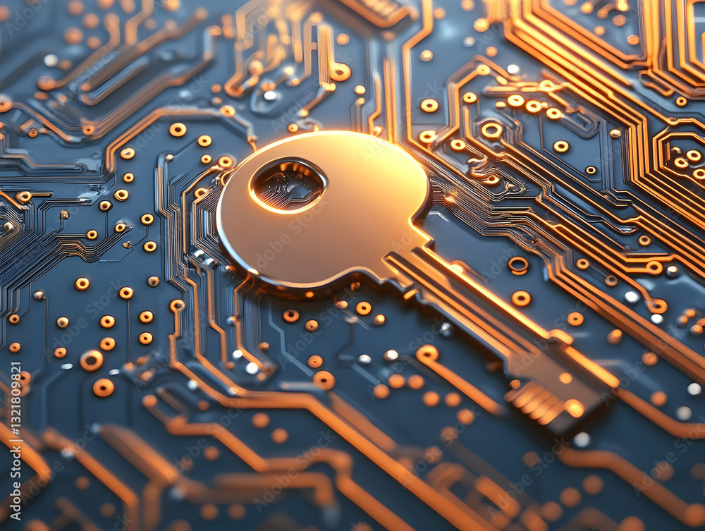 Poster a golden key resting on a circuit board, symbolizing digital security and technology innovation.