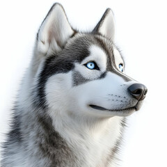 Obraz premium A majestic Siberian husky with striking blue eyes gazes into the distance, showcasing its beautiful fur and captivating expression.