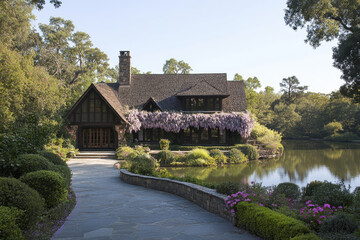 Obraz premium A large house with a large garden and a pond