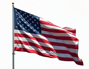 USA American flag waving on flagpole against white background. Stars and stripes banner flutters in wind as symbol of freedom, independence, national pride, patriotism. Transparent PNG background.