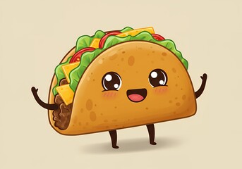 Cute Cartoon Taco Character with Big Eyes and Playful Expression Smiling Happily