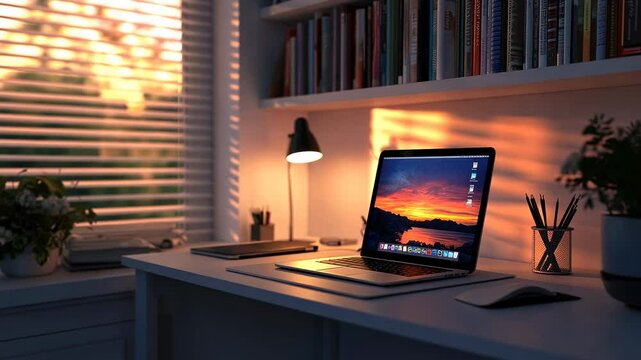 Sunset Hues on Laptop Screen in Cozy Home Office