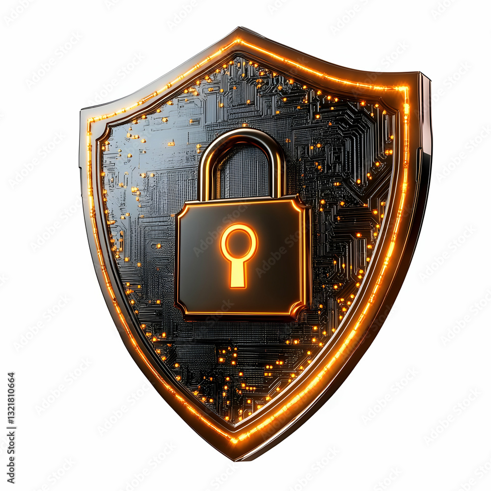 Poster a modern digital shield symbolizing cybersecurity, featuring a lock and circuit patterns, representi