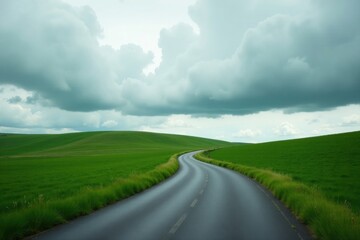 Fototapeta premium Serene Asphalt Path Winding Through Verdant Rolling Hills Under a Dramatic Cloudy Sky