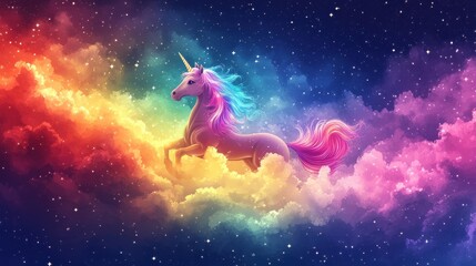 Obraz premium a magical unicorn soaring through a vibrant, colorful sky, surrounded by rainbows and stars. The unicorn has a flowing mane and tail and a gleaming horn
