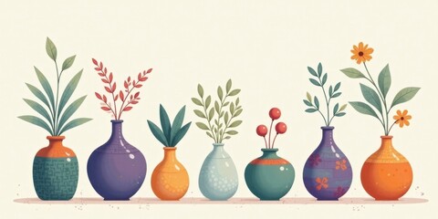 A colorful arrangement of various vases, each holding a unique bouquet of stylized flora, creating a decorative and pleasing visual composition.