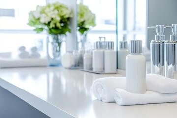 A modern luxury dressing table with a small white bottle. Generative AI