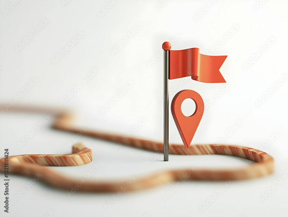 Poster a red flag and location pin on a winding path, symbolizing navigation and direction in digital and p
