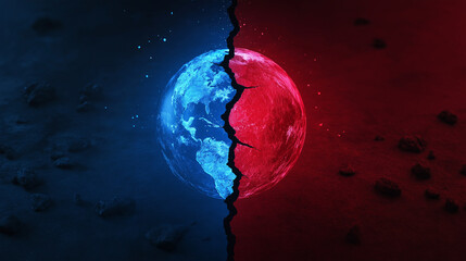 A stylized Earth cracked down the middle, with one side bathed in cool blue light and the other in intense red, representing the clash of world powers.