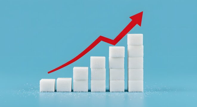 Sugar cubes form an upward arrow, symbolizing rising glucose levels and insulin resistance.

