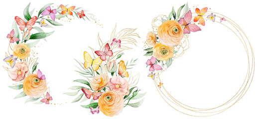 Obraz premium Watercolor frame and bouquets with butterflies on orange and yellow flowers, isolated illustration